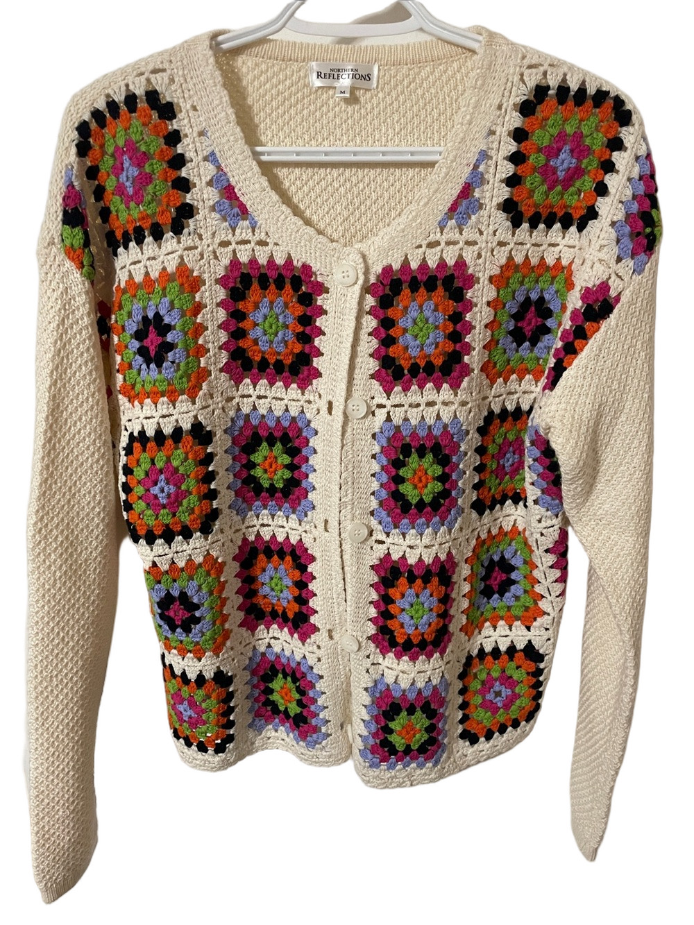 Northern Reflections Cotton Granny Square Cardigan Size Medium